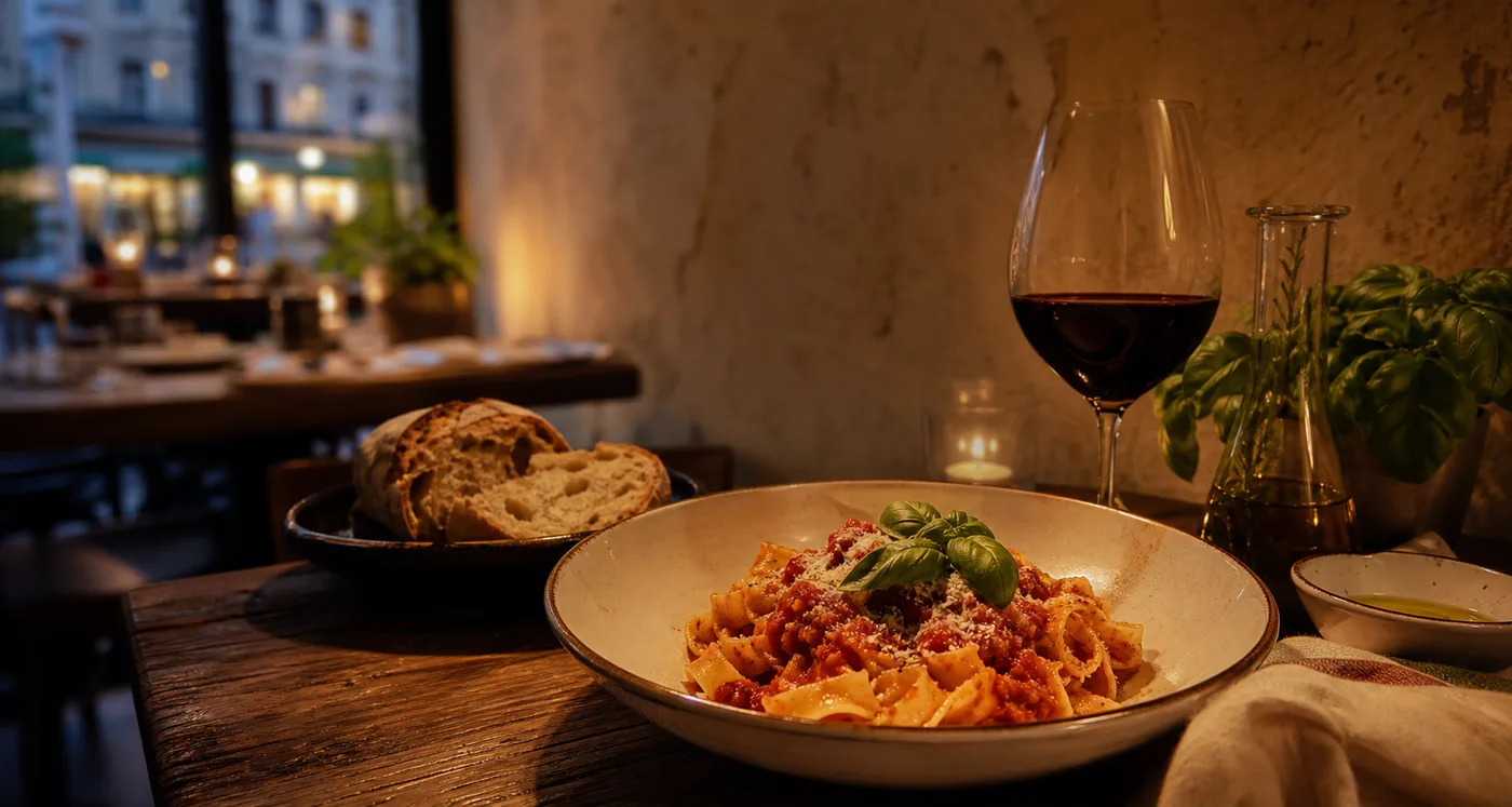Generierter Demo-Platzhalter: Pasta, Brot, Rotwein und Basilikum in warmer Trattoria-Atmosphaere